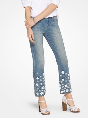 Michael Kors Light Blue Cropped Jeans with White Floral Appliqué